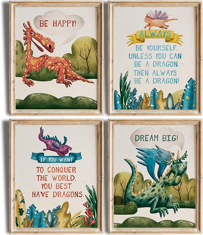 Dragon Art Prints (Set of 4) - Unframed - 8x10s | Wall Art for Enhancing Home or Office Decor | Kid's Room Decor | Living Room Decor | Bedroom Decor | Classroom Decor | Bedroom Wall Art
