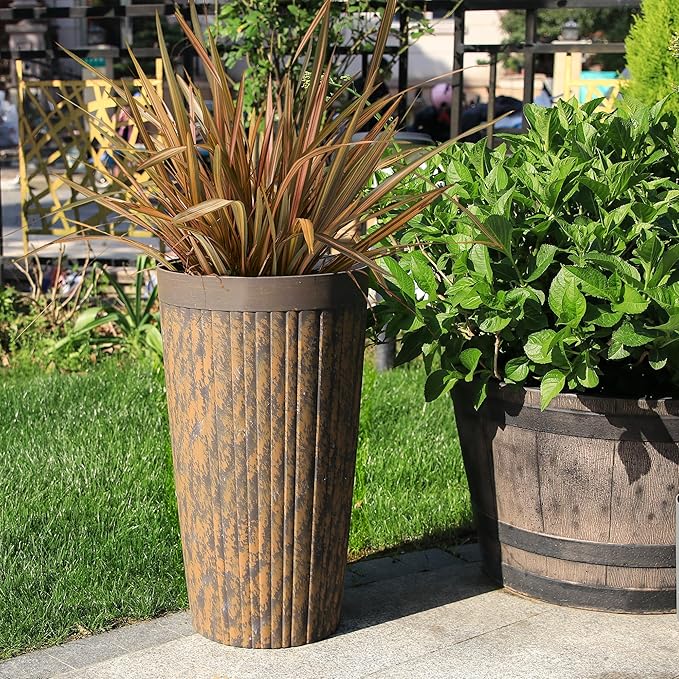 Worth Garden 22.5" H. Plastic Planters - Set of 2 Vintage Brown Tall Conical Plant Pots for Indoor Outdoor Use - Decorative Lightweight Flower Pots for Front Porch, Patio, Deck - 12.5" Dia x 22.5" H