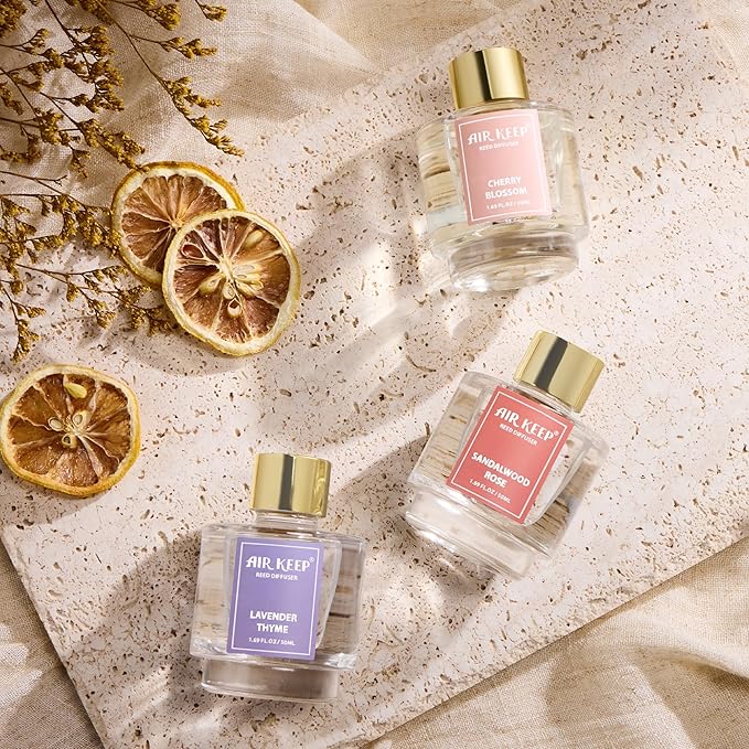 Airkeep Reed Diffuser Set of 3, Lavender Thyme Sandalwood Rose Cherry Blossom Oil Reed Diffusers for Bedroom Living Room Office Aromatherapy Oil Reed Diffuser for Gift 50ml x 3