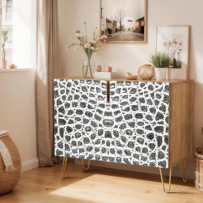 SIGNWIN Sideboard Buffet Cabinet, Kitchen Storage Cabinet with 2 Doors, Black & White Polygon Patterns, Cupboard Console Table for Dining Room - 35" L x 18" W x 29" H