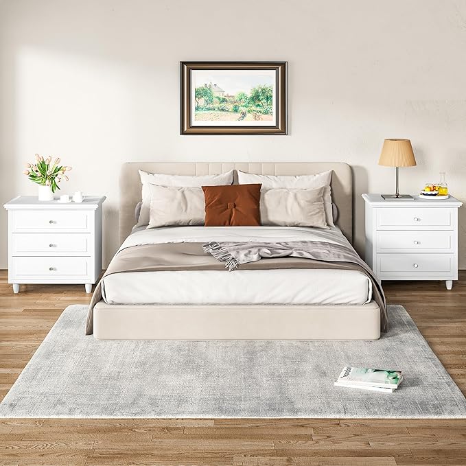 Lamerge White Nightstand with 3 Drawers,Sofa Side Table/End Table,Wooden Legs,Storage Cabinet for Bedroom, Living Room, 15.75" D x 21.65" W x 23.6" H, LWN3-White（Set of 2）