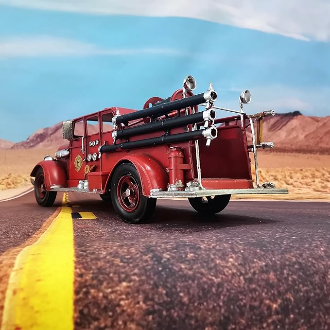 Retro Fire Truck Diecast Model - Metal Miniature Vehicles, Large Fire Fighting Truck Decor, 16.4'' Long
