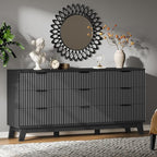 Fluted Dresser with 9 Drawers, 63" Wide Modern Chest of Drawers with Metal Handle, Wooden Dresser TV Stand, Wood Closet Clothes Storage Organizer for Bedroom, Living Room, Hallway, Solid Black