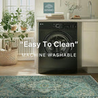 GENIMO Machine Washable 9x12 Area Rugs for Living Room, Non Slip Vintage Rugs, Low Pile Lightweight Chenille Print Rug for Bedroom, Dining Room, Home Office, Turquoise