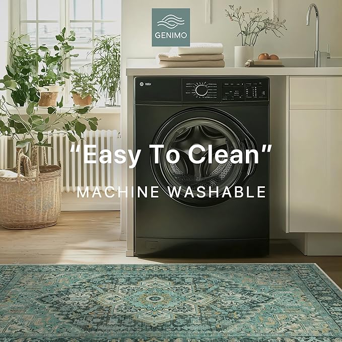 GENIMO Machine Washable 8x10 Area Rugs for Living Room, Non Slip Vintage Rugs, Low Pile Lightweight Chenille Print Rug for Bedroom, Dining Room, Home Office, Turquoise