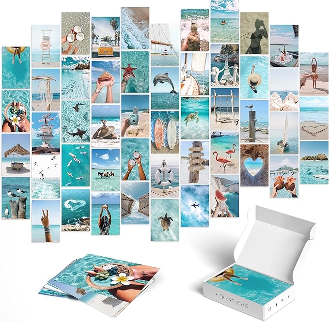 Y2K BOO Summer Beach Aesthetic Wall Collage Kit – 50 Ocean Blue & Sky Blue Photos, 4"x6" Prints for Teen Girls Dorm Room Decor, Beach Activities & Ocean Moments, Ideal Gift for Birthday & Graduation