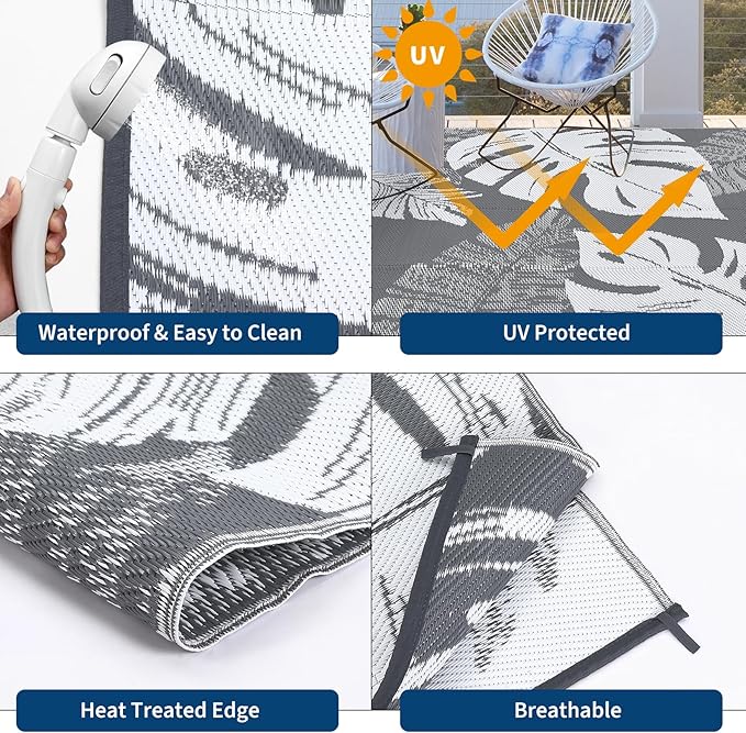 GAOMON Outdoor Rug 9x18 Waterproof Patio Rugs Reversible Outdoor Plastic Straw Rug Camping Mat, Foldable Portable RV Picnic Carpet with Bag & 4 Stakes, UV Resistant Carpet for Deck Balcony, Grey