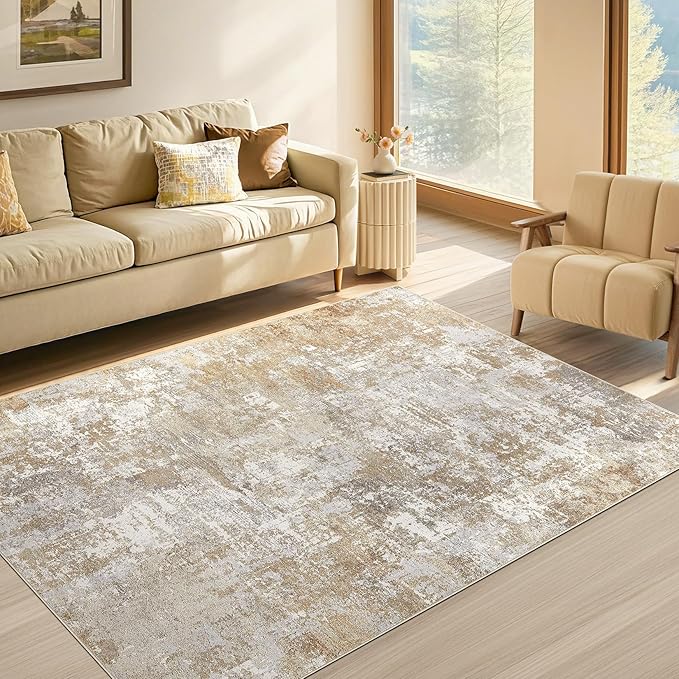 Tortania Washable 3x5 Area Rug - Modern Abstract Neutral Rugs Indoor Soft Thin Mat Non Slip Carpet for Entrance Front Door Living Room Bedroom Home Floor Decoration- Brown Grey