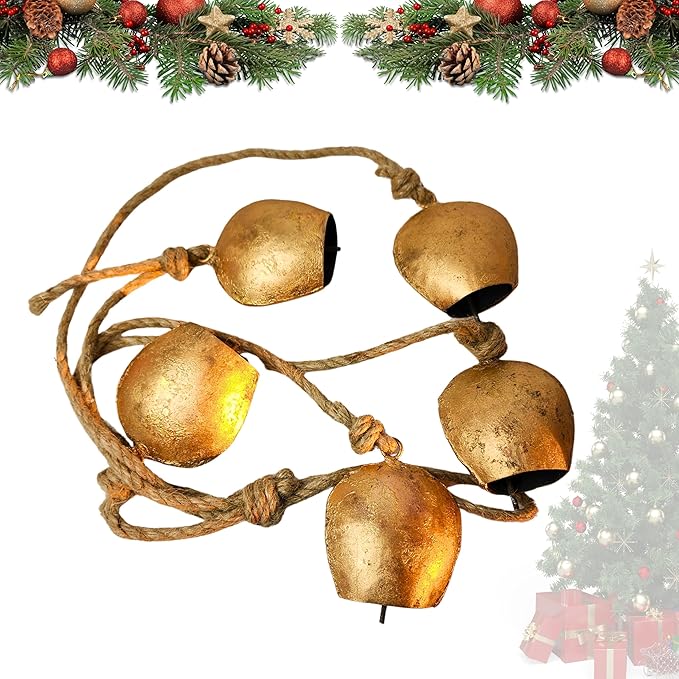 Harmony 5 Cow Bells Cluster on Rope - Large Rustic Vintage Lucky Cow Bells On Rope Wall Hanging Decor