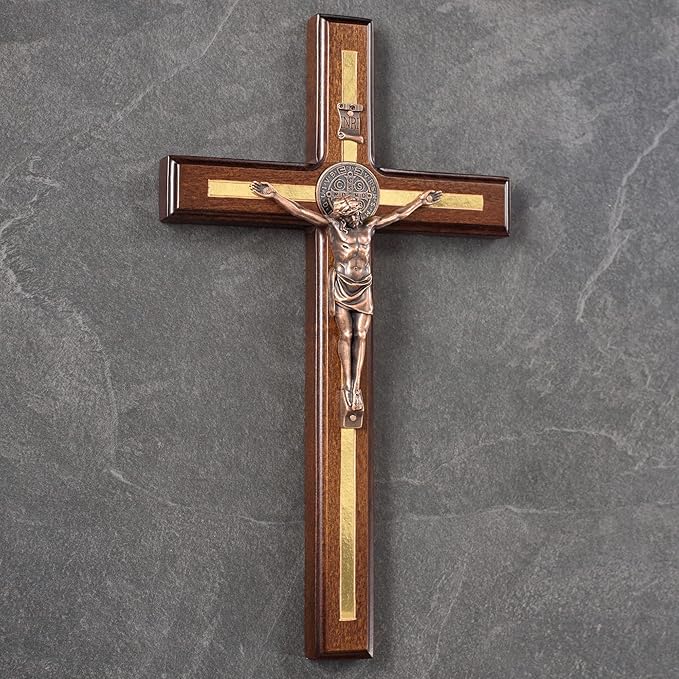 Asterom St Benedict Crucifix Wall Cross - Handmade Saint Benedict Wood Cross Wall Decor - Catholic Crucifix - 12 Inch