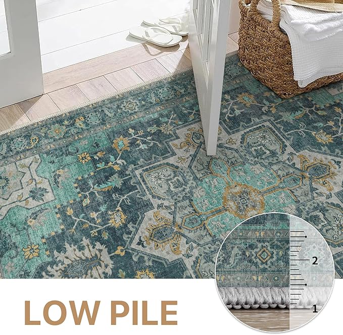 GENIMO 2x6 Runner Rugs for Hallway, Machine Washable Non Slip Vintage Rugs, Low Pile Lightweight Soft Print Rug for Enrtyway, Corridor, Home Office, Kitchen, Dark Green