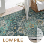 GENIMO 10x14 Area Rugs for Living Room, Machine Washable Non Slip Vintage Rugs, Low Pile Lightweight Chenille Print Rug for Bedroom, Dining Room, Home Office, Dark Green