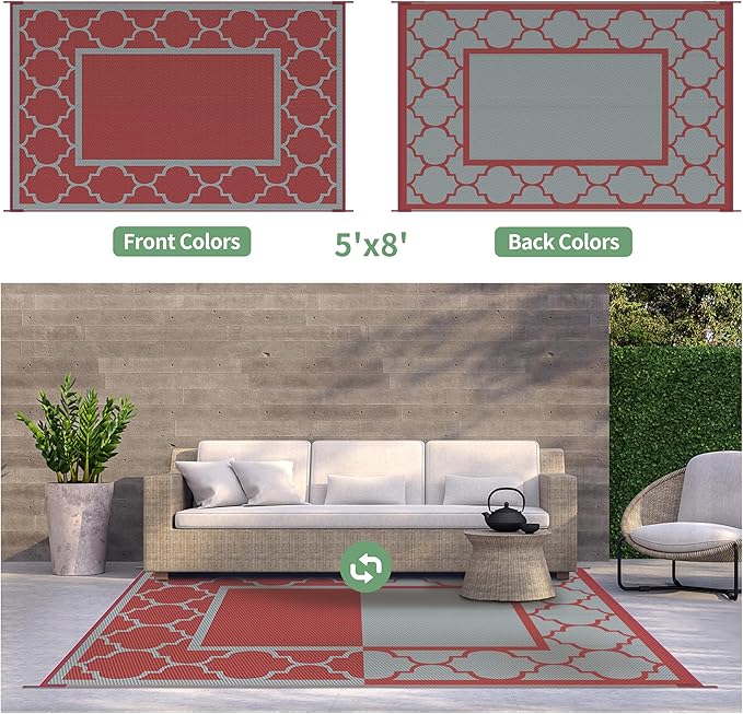 GENIMO 5' x 8' Outdoor Rug Waterproof for Patio Decor, Foldable Reversible Plastic Straw Area Rugs Mat for Camper, Outside Carpet for Rv, Deck, Porch, Picnic, Beach, Balcony, Red & Grey