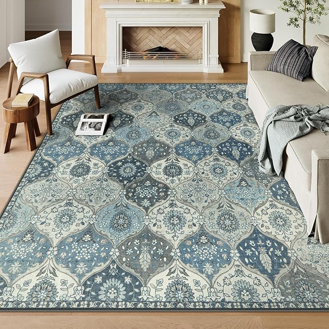 Lahome Moroccan 8x10 Area Rugs for Living Room, Washable Rugs 8x10 Ultra-Thin Oriental Non-Slip Non Shedding Accent Carpet for Bedroom Dining Room Office Nursery, Blue