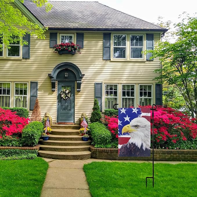 TOPFLAGS Garden Flag Stand with American Garden Flags Patriotic Stars and Eagle Yard Flag 12x18 Inch Holder Pole Stake Double Side for Outside with Clips and Stopper for Memorial Day 4 th of July
