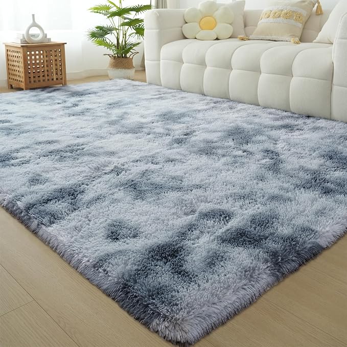 Area Rugs 9x12 Living Room: Gray Shag Rug 9x12 Area Rugs - Large Plush Fluffy Carpet for Bedroom,Living Room(Tie-Dyed Light Gray)