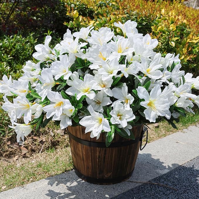 Artificial Flowers for Outdoors, 3 Bundles Fake Silk Azalea Bouquet Faux Flower Plants Outside Decoration UV Resistant Realistic Fake Flowers for Planter Front Door Patio Garden Walkways Home, White