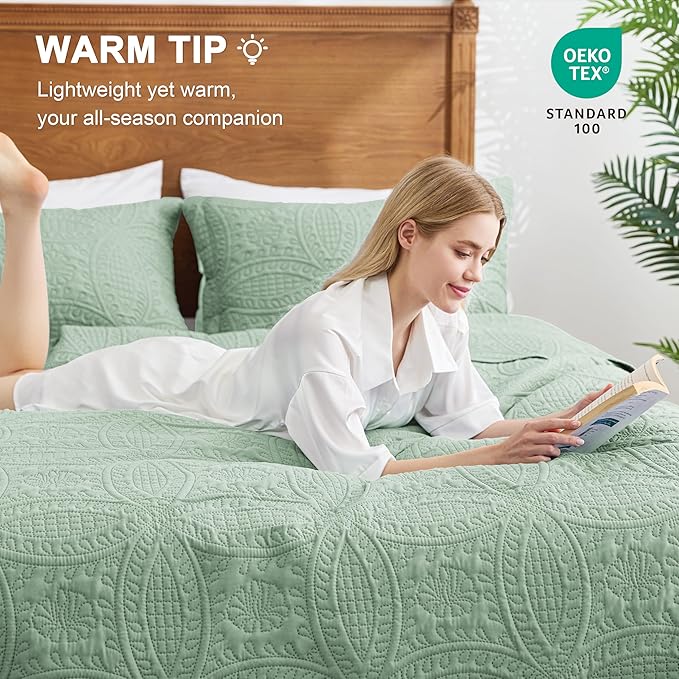 Love's cabin Quilts for Full Bed Sage Bedspreads Bedding Set - Lightweight Bedspread Comforter - Coin Pattern Bedding Coverlet for All Season - 3 Pieces (1 Quilt, 2 Pillow Shams)