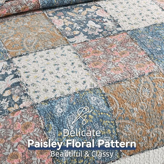 Yvooxny 3-Piece Quilt Set Queen Size Quilted Bedspread Reversible Country Style Blue Floral Paisley Real Patchwork Bedding Quilt Set with Ruffles with Pillowcases for All Seasons, 98 * 90 Inches