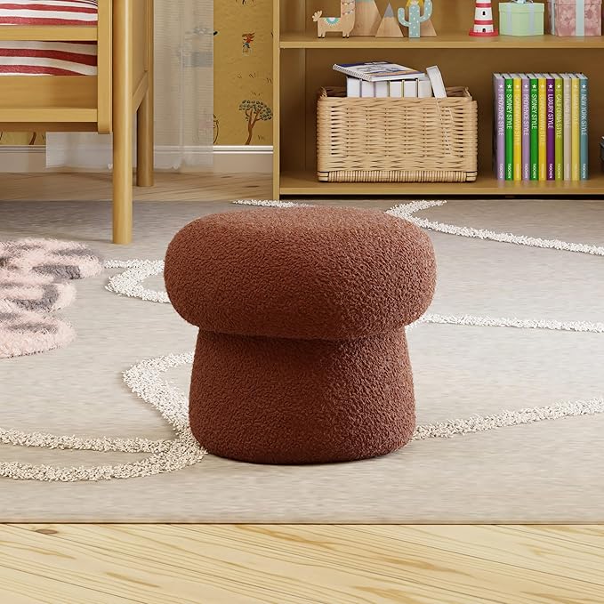 Babyletto Kids Mini Mushroom Pouf - Ottoman Foot Rest - Poofy Plush, Round Footrest Stool for Couch - GREENGUARD Certified Soft & Stuffed, Comfy Small Pouf Ottoman for Living Room/Nursery Floor, Rouge