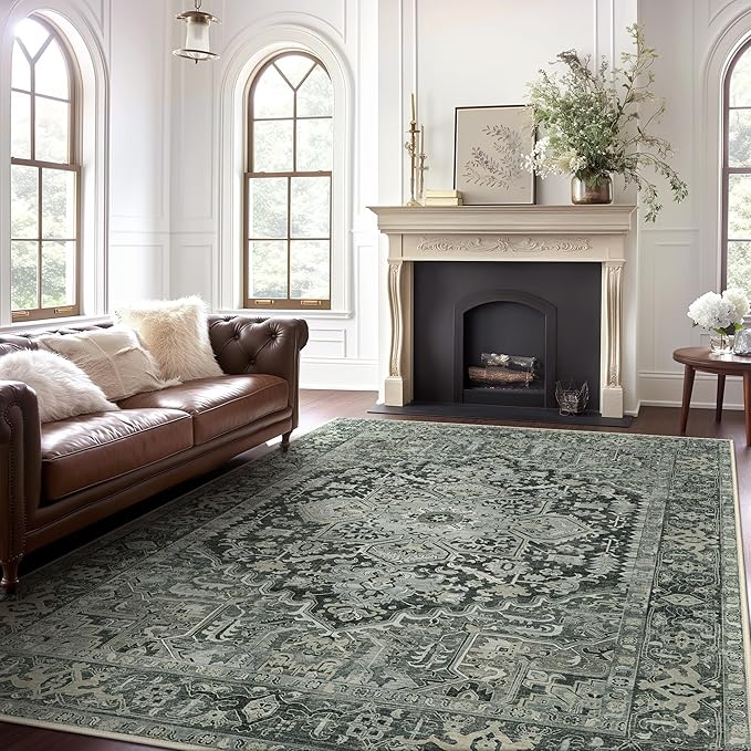 GENIMO Machine Washable 9x12 Area Rugs for Living Room, Non Slip Vintage Rugs, Low Pile Lightweight Chenille Print Rug for Bedroom, Dining Room, Home Office, Night Black