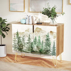 SIGNWIN Sideboard Buffet Cabinet, Kitchen Storage Cabinet with 2 Doors, Pastel Watercolor Mountain Forest, Cupboard Console Table for Dining Room - 35" L x 18" W x 29" H