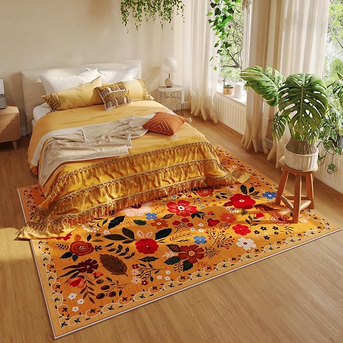 Living Room Rug 5x7 Rug Machine Washable Boho Area Rug Non Slip Floral Vintage Low Pile Large Rugs for Living Room, Bedroom, Farmhouse, Dining Room, Kids Playroom(Yellow)