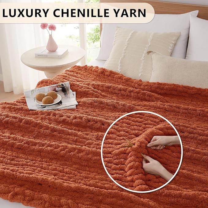 L'AGRATY Chunky Knit Blanket Throw: 60''x80'' Chenille Chunky Knitted Throw Blanket for Bed Couch - Handmade Thick Big Cable Knit Blanket - Large Crochet Rope Blanket for Home Decor(Rusty Orange)
