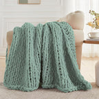 Carriediosa Chunky Knit Throw Blanket 60" X 80" Twin, 100% Hand Made Large Chenille Loop Yarn Soft Fluffy Throws for Couch Sofa Bed, Big Crochet Cozy Heavy Thick Cable Woven Blankets, Sage Green