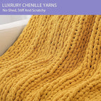 Bigacogo Chunky Knit Throw Blanket for Couch, 40x60 inches, 100% Hand Knitted with Thick Jumbo Chenille Yarn, Cozy Soft Large Rope Knot Cable Crochet Blankets for Sofa Bed Living Room, Mustard Yellow