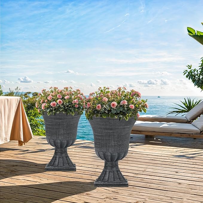 22" Timeless Urn Planters for Outdoor Plants, Set of 2 Plastic Large Flower Pot with Handmade Washed Black Finish, Weather-Resistant for Porch, Garden, Patio or Indoor Use