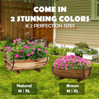 IDZO Solid Acacia Wood Half Barrel Planters Outdoor Set of 2 Different Sizes, Wooden Planters for Outdoor Plants with Metal Bands & Drainage Holes, Legs Included, Brown