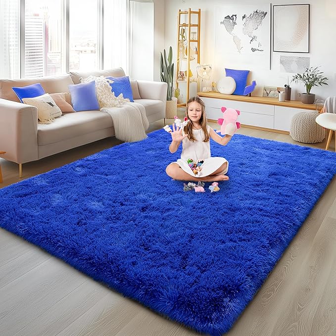Soft Plush Shag Rug 5x7, Ultra Fluffy Rug for Living Room Bedroom, Non-Slip Fuzzy Large Area Rug for Living Room, Carpet for Girl Boy Kids, Modern Indoor Home Decor Aesthetic, Bright Blue
