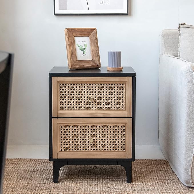 COZAYH Set of 2 Fully-Assembled 2-Drawer Woven Cane Front Accent Nightstand with Brass Knobs, Black