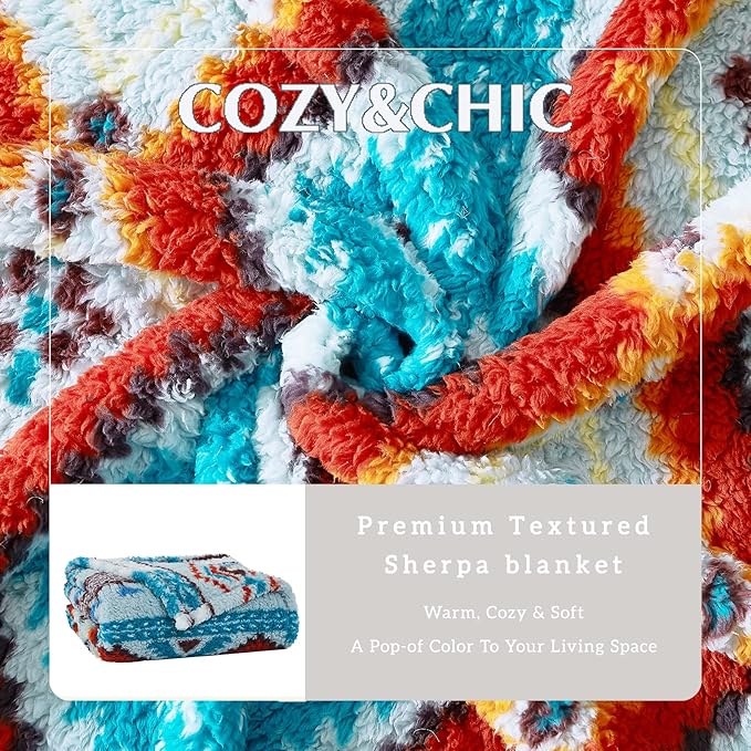 CASAAGUSTO Boho Sherpa Throw Blanket, Aztec King Size Blanket, Ultra Soft, Warm, Cozy, Plush, Thick Fleece Bohemian Throw Blanket for Couch, Bed, Sofa (Aqua 108 * 90 Inch)
