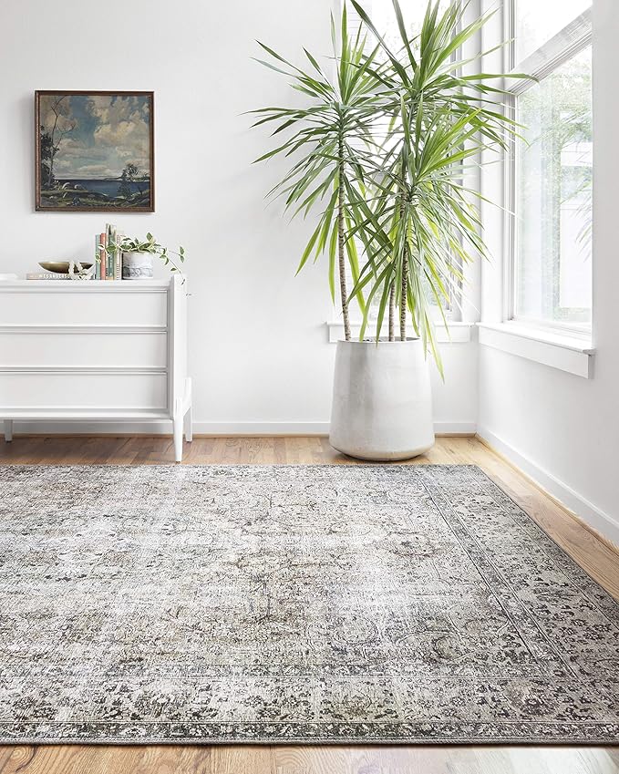 Loloi Layla Collection LAY-06 Taupe/Stone 5'-0" x 7'-6" .13" Thick Area Rug, Soft, Durable, Vintage Inspired, Distressed, Low Pile, Non-Shedding, Easy Clean, Printed, Living Room Rug