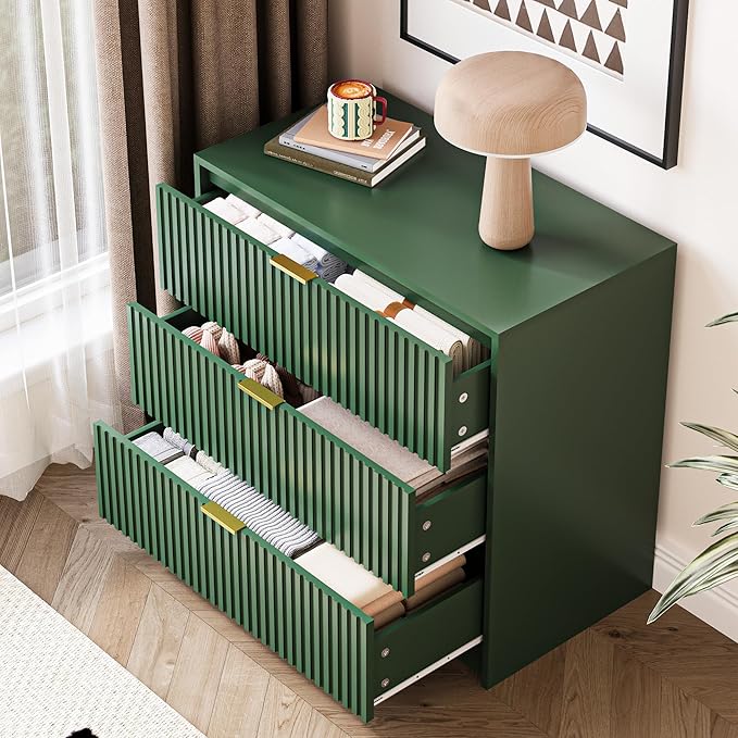 Green Fluted Dresser for Bedroom, 32 Inch Wide Nightstand with Large Drawer, 3 Drawer End Table for Bedroom, Living Rooms, Offices, and Entryways