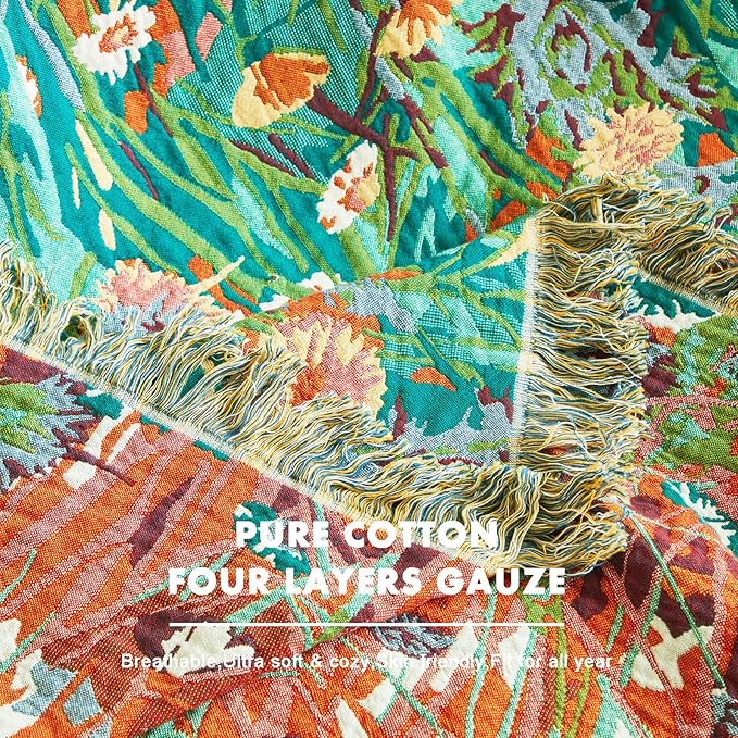 MSGKV Boho Throw Blanket for Bed Twin Size Cotton Muslin Breathable Floral Blanket 60"x80" Sofa Couch Blankets for All Seasons Lightweight Farmhouse Blankets Boho Home Decor