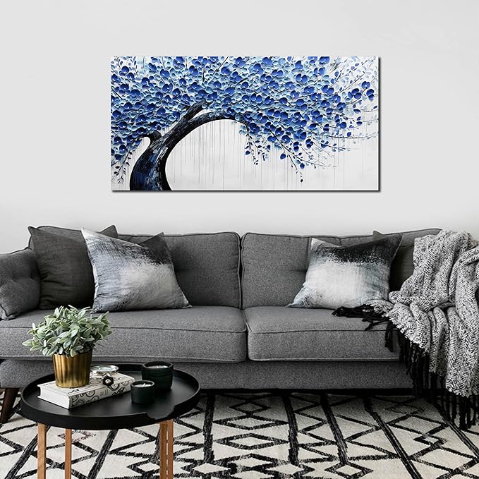 Large Wall Art for Living Room Bedroom Home Office Blue Tree of Life Wall Art Floral Picture Framed Wall Decor Modern Canvas Prints 20x40 In