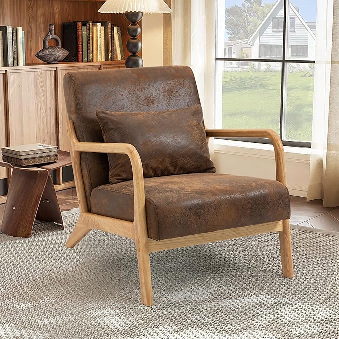 Modern Accent Chair, Cotton Linen Fabric Upholstered Lounge Armchair with Solid Wood Frame for Living Room, Bedroom, Reading Nook (Brown-Gilding)