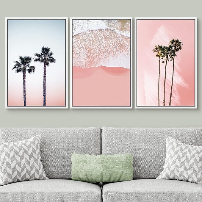 SIGNWIN 3 Piece Framed Canvas Wall Art Palm Tree in The Pink Beach Canvas Prints Home Artwork Decoration for Living Room,Bedroom - 16"x24"x3 White