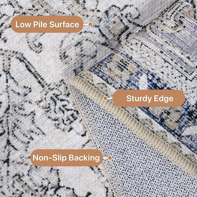 GENIMO 8x10 Area Rugs for Living Room, Machine Washable Non Slip Vintage Retro Rugs, Low Pile Lightweight Thin Print Rug for Bedroom, Dining Room, Home Office, Khaki Blue