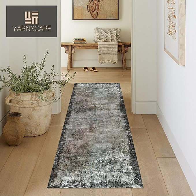 2'6'' x 8' Washable Area Rug - Low Pile Soft Vintage Indoor Rug for Living, Dining or Bedroom - Lightweight Carpet with Non-Slip Backing - Foldable for Easy Placement, Blackish