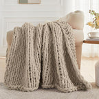 Carriediosa Chunky Knit Throw Blanket 50" X 60", 100% Hand Made Large Chenille Loop Yarn Soft Fluffy Throws for Couch Sofa Bed, Big Crochet Cozy Heavy Thick Cable Woven Blankets, Taupe