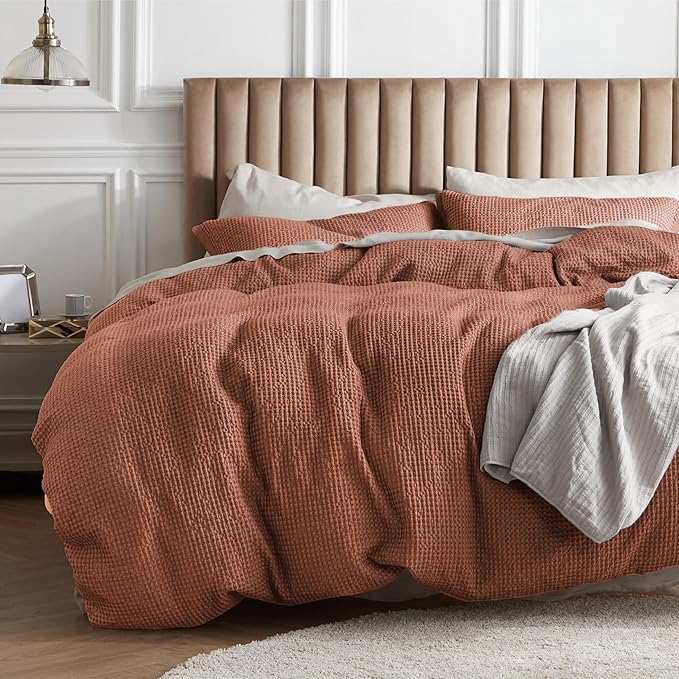 Bedsure Cotton Duvet Cover King - 100% Cotton Waffle Weave Burnt Orange Duvet Cover King Size, GentleSoft™ and Breathable Bedding Set for All Season, 3 Pieces, 104"x90"