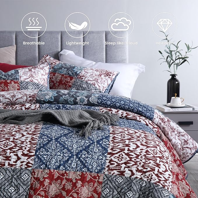 Secgo Twin Comforter Set for Bed - 100% Cotton Quilts Twin Size, Black Bedspreads with 2 Pillow Shams, Patchwork Reversible Lightweight Bedding