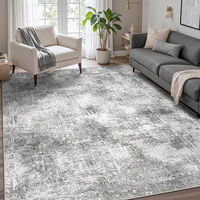 GENIMO Washable Area Rugs for Living Room, 9x12 Modern Non Slip Rugs, Low Pile Lightweight Soft Print Rug for Bedroom, Dining Room, Home Office, Grey