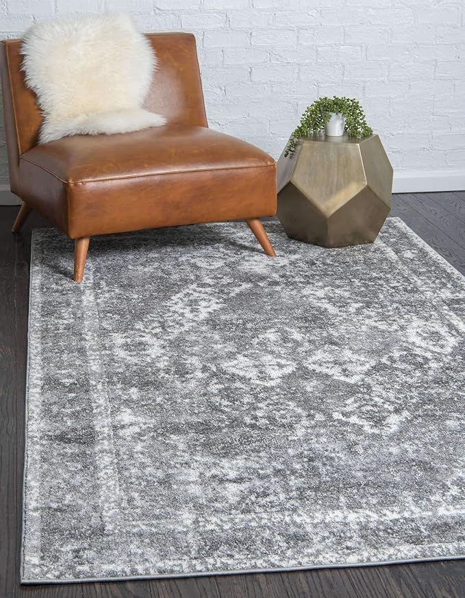 Unique Loom Rosso Collection Vintage, Traditional, Bohemian, Geometric, Distressed, Southwestern Area Rug, 4' 0" x 6' 0", Gray/Ivory