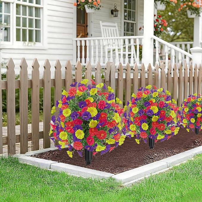 22.8" Set of 2 Fall artificial Boxwood topiary Ball tree for outdoors with Spike,UV Resistant Faux Shrubs Outdoor with morning glory flowers,Faux Plants Bushes for Garden Porch Yard Patio Decor Mix