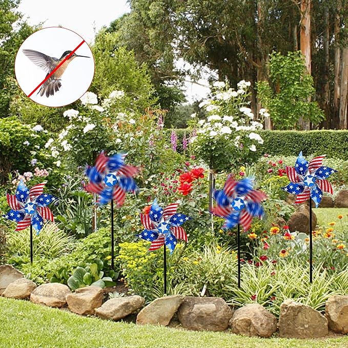 Hausse 10 Pack Reflective Pinwheels Patriotic Decorations, American Flag on Stick Wind Spinner with Stake for Independence Day, Memorial Day July of 4th Party Supplies, Scare Birds Repellent Devices